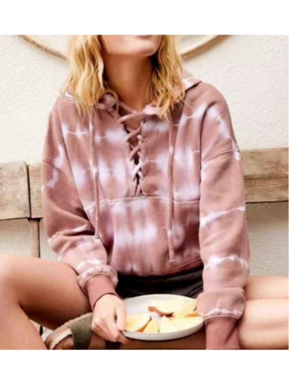 Free People Movement Lace Up Tie Dye Hoodie Pink White Medium